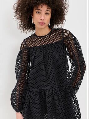 Ulla Johnson Black Long-Sleeve Mesh Tiered Dress